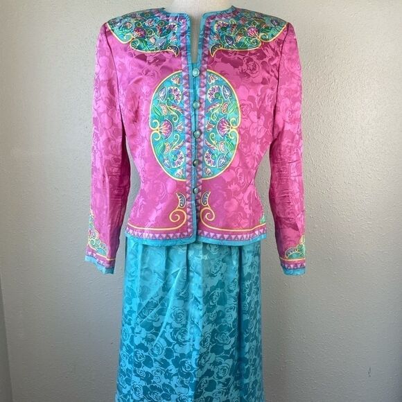 Vintage 80s Papell Petites Silk Jacket & Skirt EUC - Picture 1 of 14